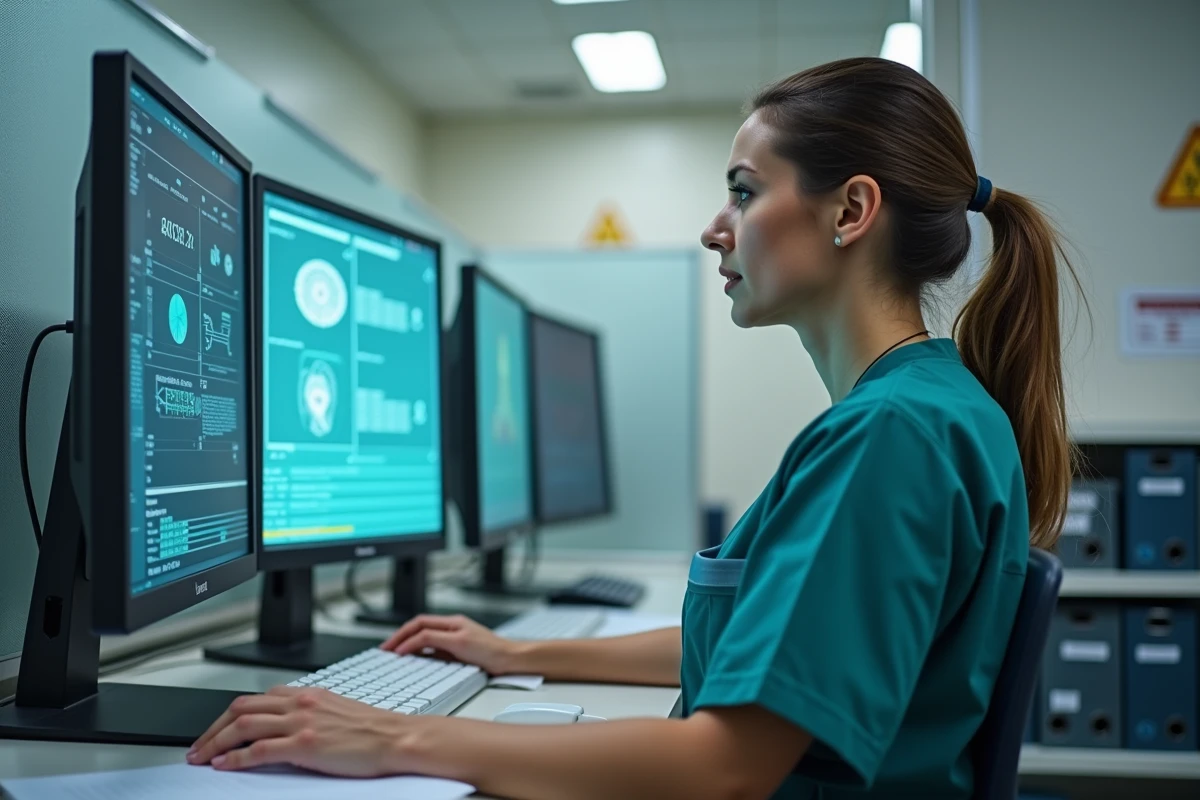 Radiographe analysant les données de dosimétrie des travailleurs exposés sur un poste informatique en milieu hospitalier