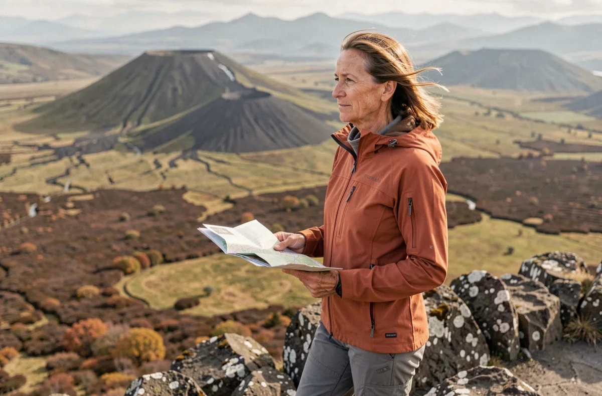 Randonneuse consultant une carte topographique au sommet d'un belvédère dans le Massif Central en France