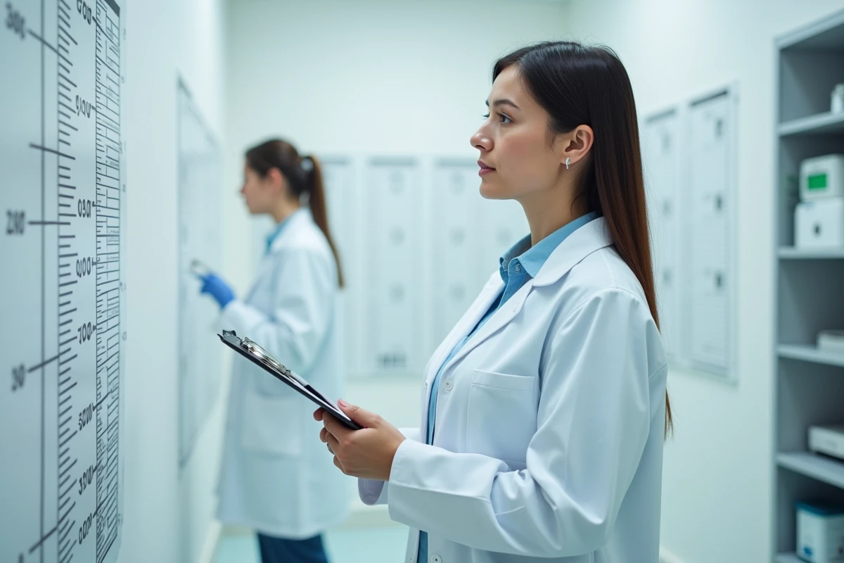 Chercheuse en médecine sportive mesurant une taille sur un tableau anthropométrique clinique, symbolisant l'étude scientifique des tailles moyennes par pays
