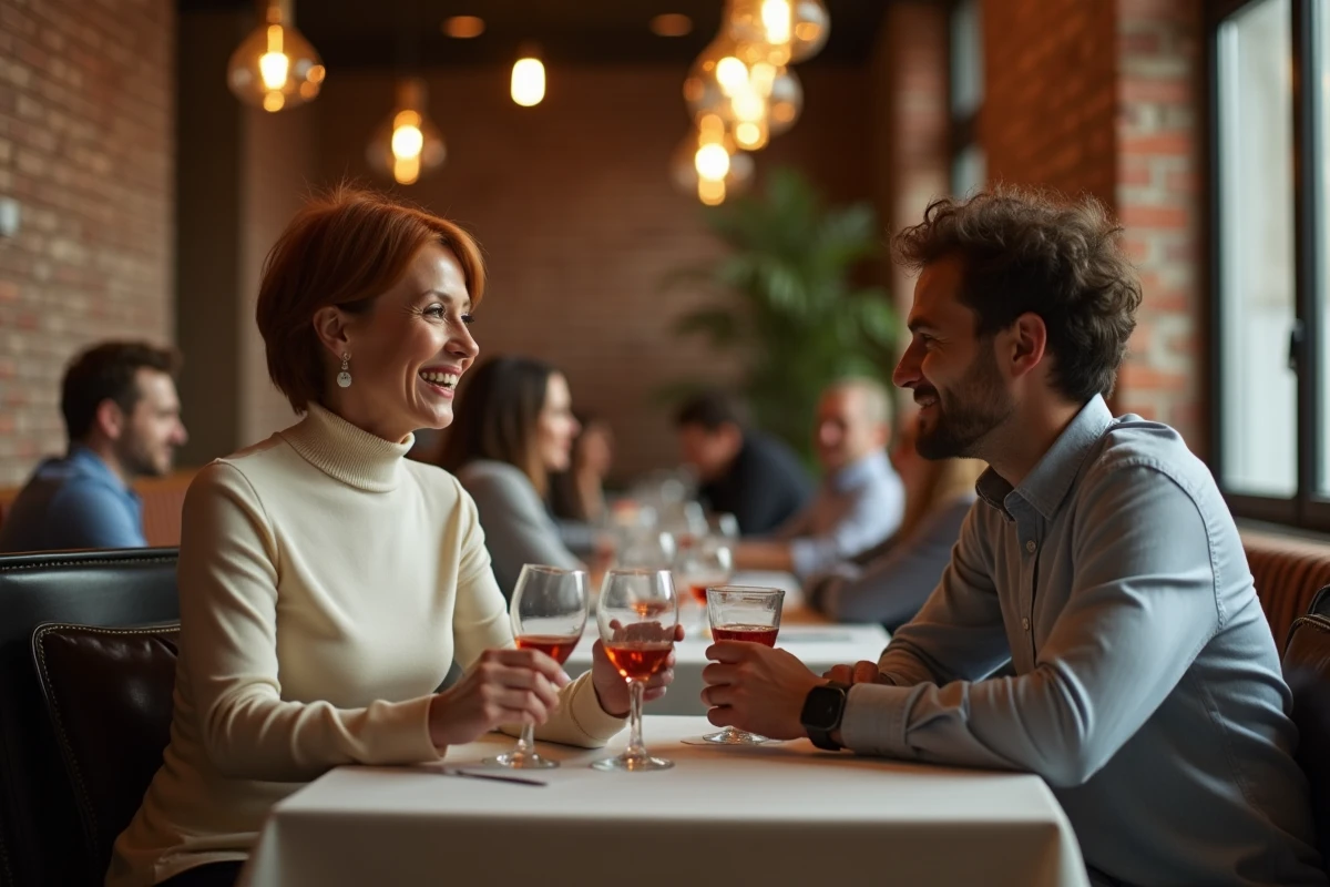 Femme cougar élégante en conversation complice avec un homme plus jeune dans un restaurant chic, illustrant les rencontres intergénérationnelles