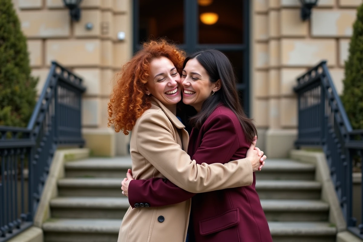 Deux femmes se retrouvant joyeusement devant un bâtiment en pierre après s'être retrouvées grâce à Copains d'avant