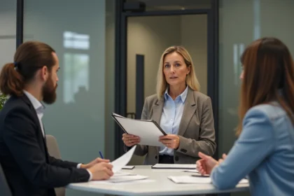 Femme d'affaires discutant avec collègues lors d'une réunion