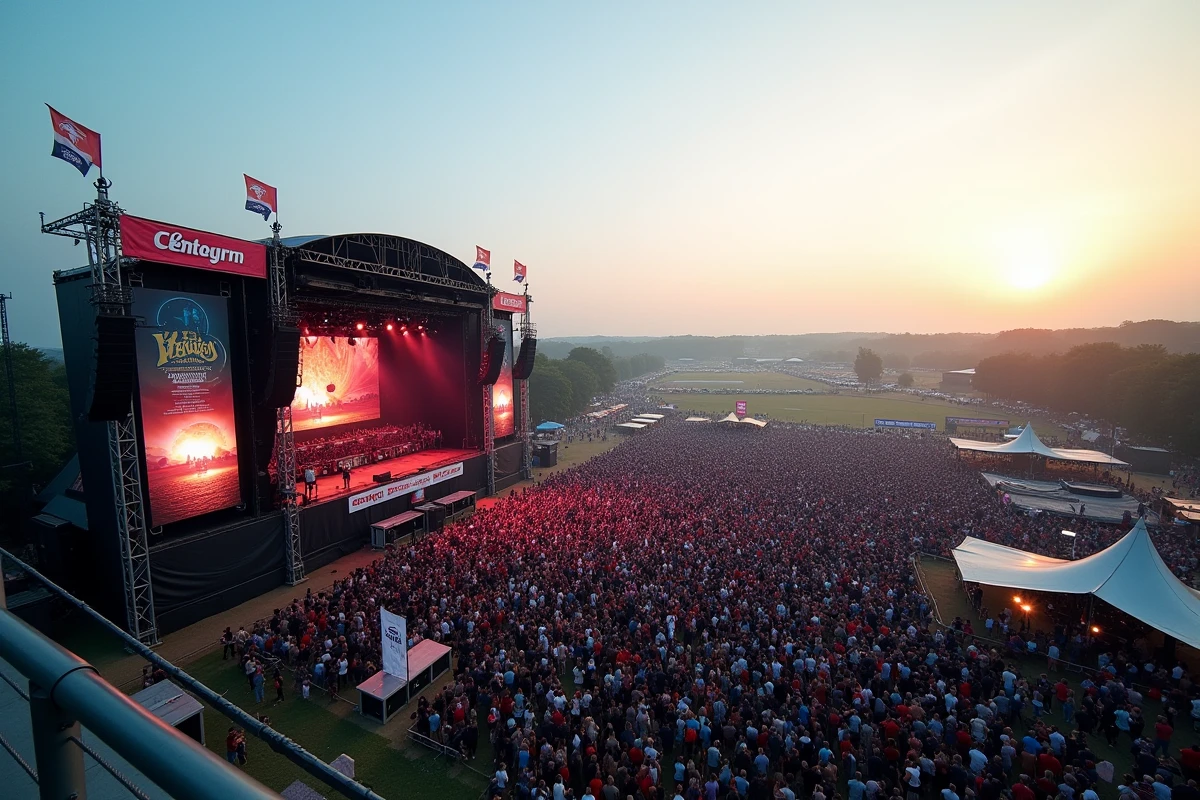 Vue panoramique de la scène principale des Vieilles Charrues 2026 avec les nouvelles infrastructures et la foule au crépuscule