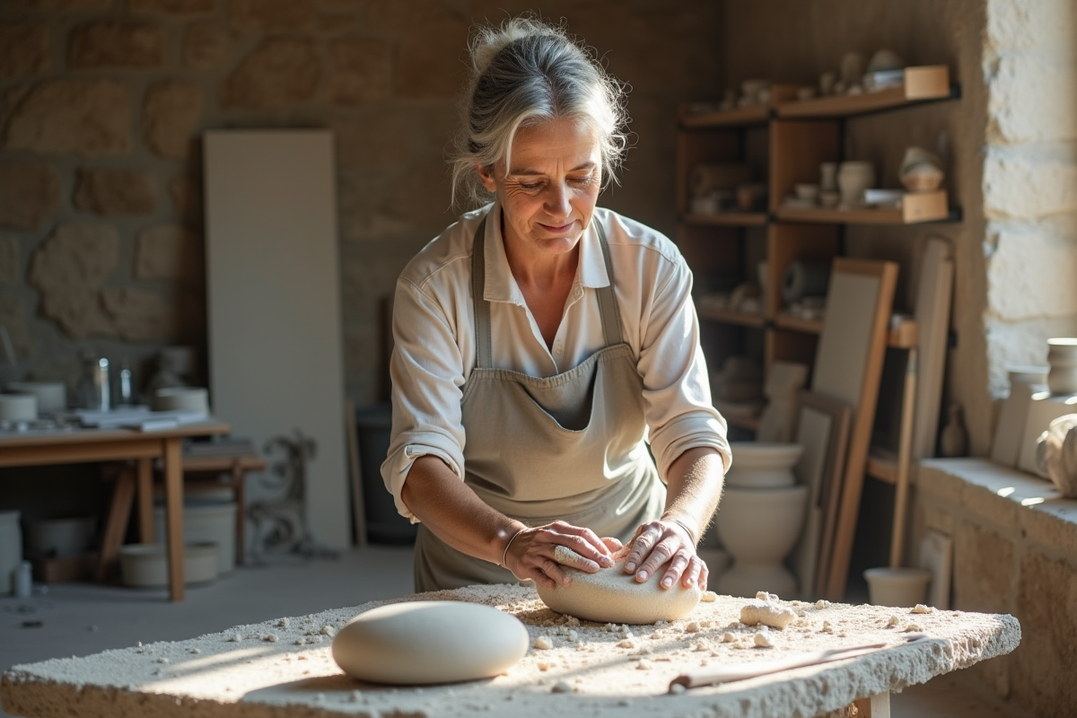 Sculptrice expérimentée sculptant une œuvre en pierre dans son atelier