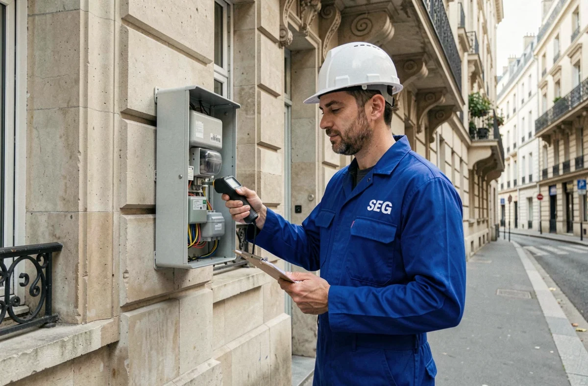Technicien SEG Électricité inspectant un compteur électrique extérieur sur la façade d'un immeuble parisien