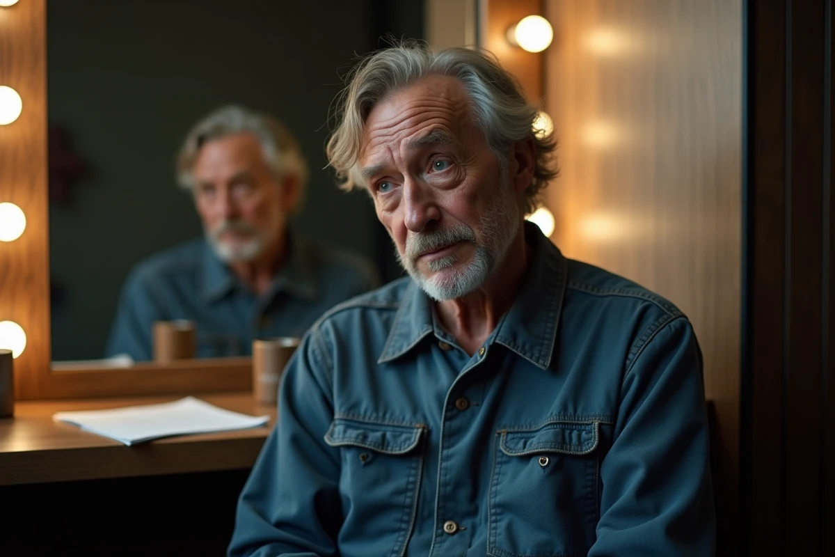 Portrait d'acteur en coulisses dans les loges avant la représentation de la pièce Sous écrous