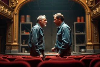 Scène de théâtre de la pièce Sous écrous avec deux acteurs en confrontation sur une scène de garage mécanique