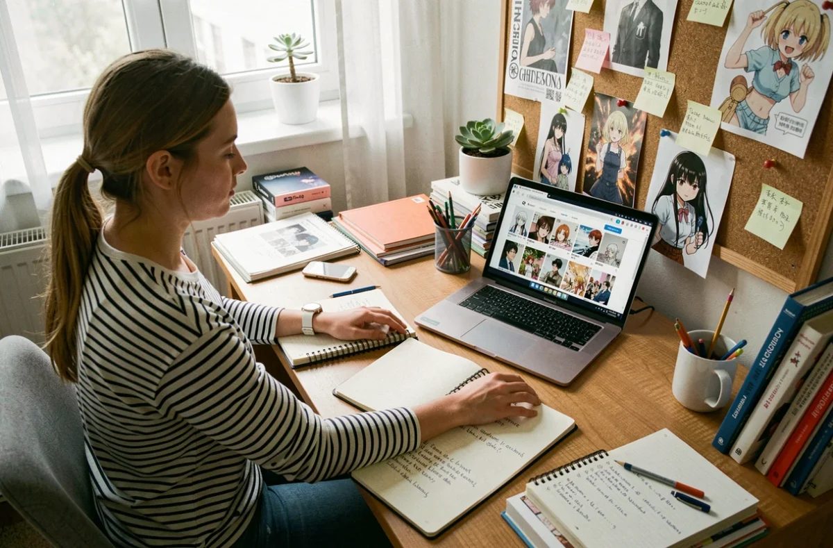 Jeune femme suivant ses chapitres de manga favoris sur ordinateur portable avec un carnet de notes
