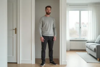 Homme grand de type nordique debout près d'un encadrement de porte dans un appartement scandinave, illustrant la grande taille moyenne dans les pays du nord de l'Europe