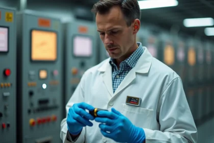 Technicien en radioprotection vérifiant son dosimètre électronique personnel dans une salle de contrôle nucléaire