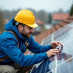 Risques des panneaux photovoltaïques : comment les éviter ? Technicien en bleu et casque jaune près de panneaux solaires