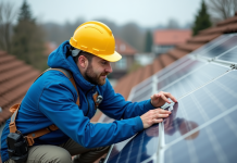 Risques des panneaux photovoltaïques : comment les éviter ? Technicien en bleu et casque jaune près de panneaux solaires