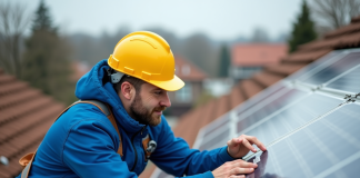 Risques des panneaux photovoltaïques : comment les éviter ? Technicien en bleu et casque jaune près de panneaux solaires