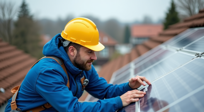 Risques des panneaux photovoltaïques : comment les éviter ? Technicien en bleu et casque jaune près de panneaux solaires