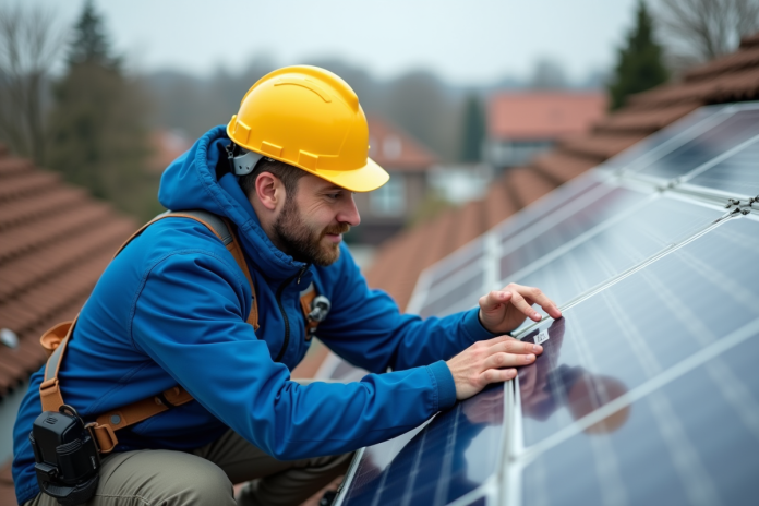 technicien-panneaux-solaires-roof Technicien en bleu et casque jaune près de panneaux solaires