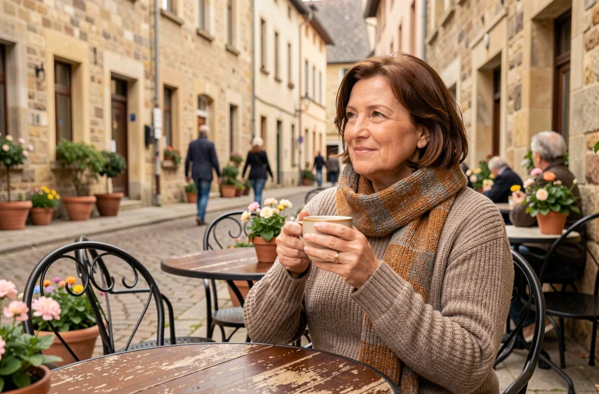 Femme dégustant un café en terrasse sur une place de Saralbe pendant le week-end