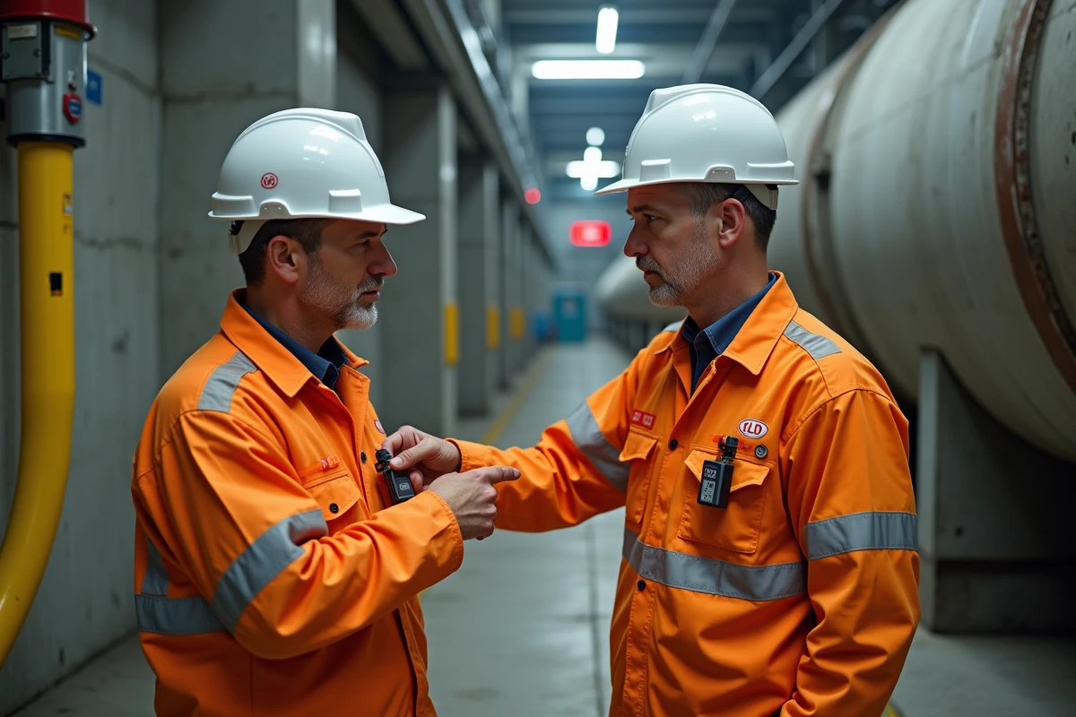 Deux travailleurs nucléaires en combinaison de protection discutant du port des badges dosimètre TLD lors d'un briefing sécurité