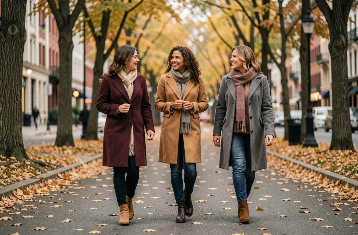 Trois amies marchant ensemble en automne en ville, symbole d'une amitié vraie et durable