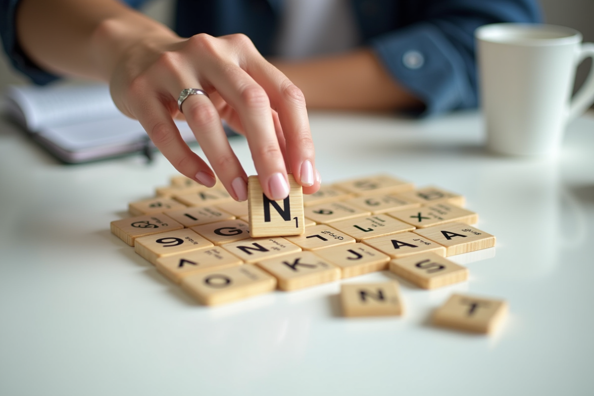 Tuiles Rummikub dispersées avec une main et règle en fond