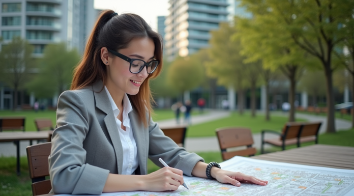 Jeune urbaniste examine une carte dans un parc urbain