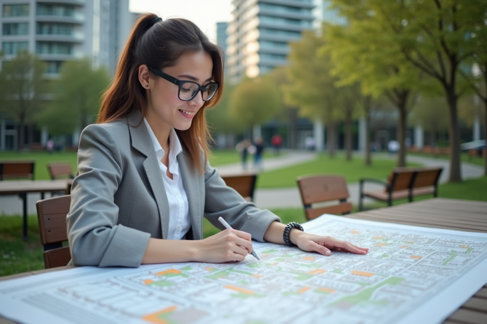 Jeune urbaniste examine une carte dans un parc urbain