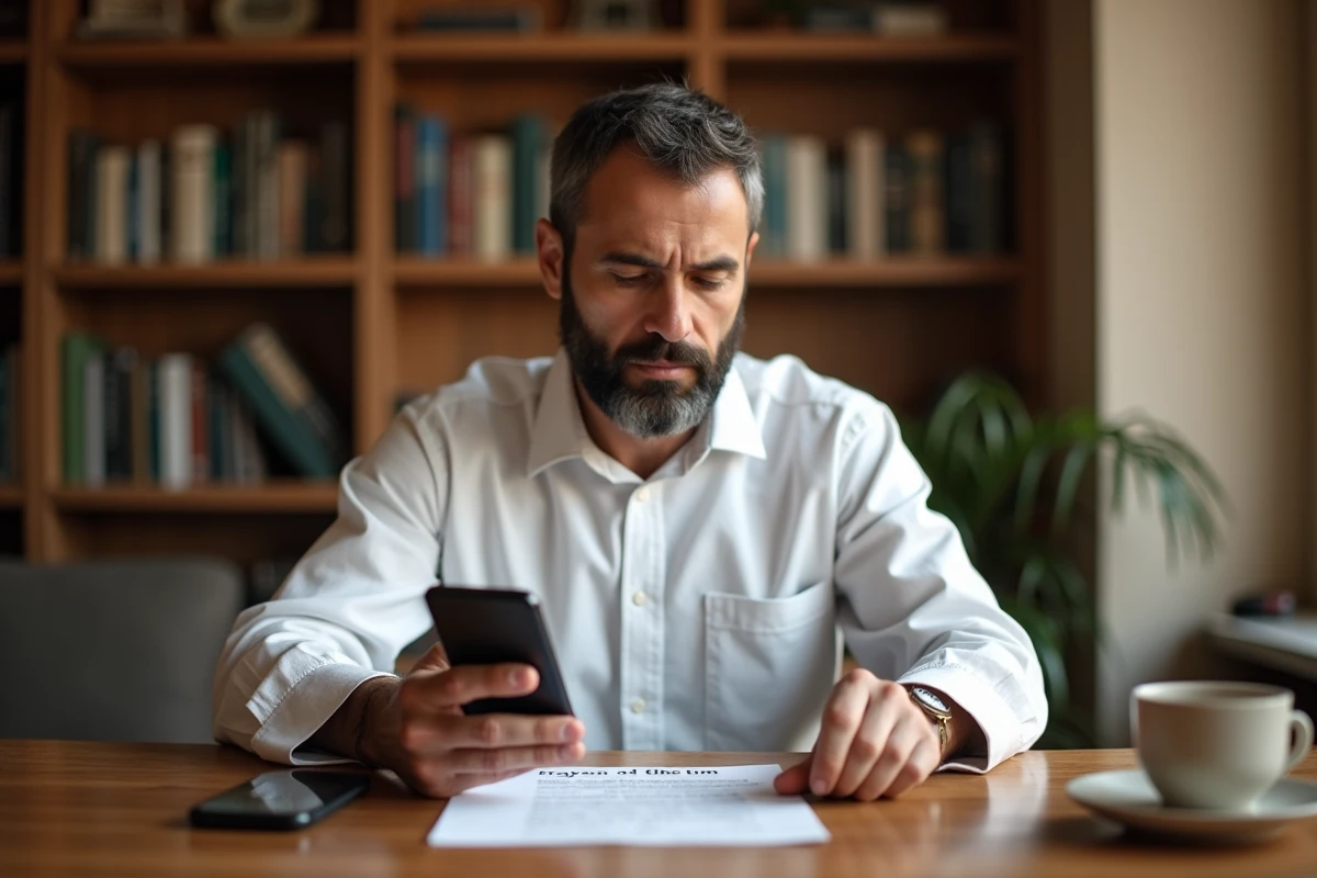 Homme consultant un tableau des heures de prière imprimé et une application mobile pour vérifier l'exactitude des horaires à Annemasse