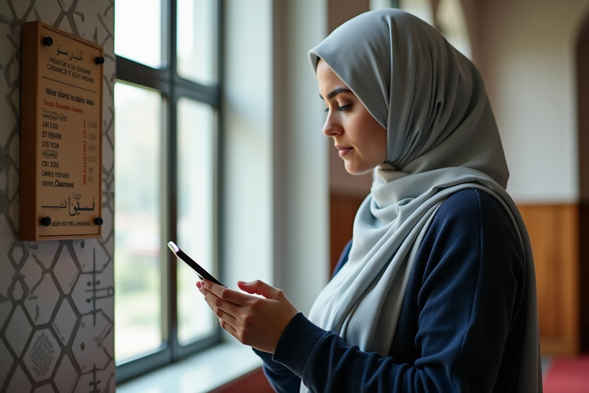 Femme voilée vérifiant les horaires de prière sur son téléphone devant un tableau officiel dans une mosquée d'Annemasse