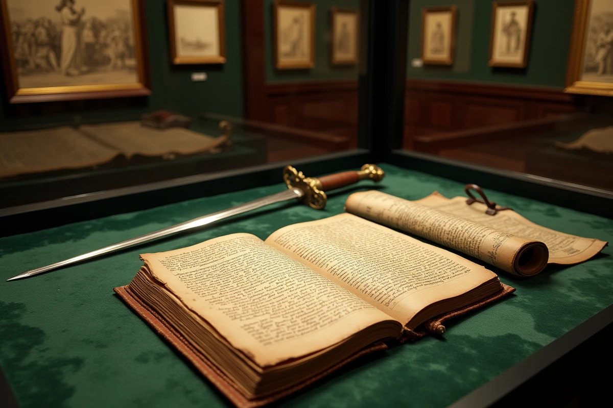 Vitrine de musée présentant un registre militaire du XVIIe siècle, une rapière d'époque et une carte ancienne de Maastricht