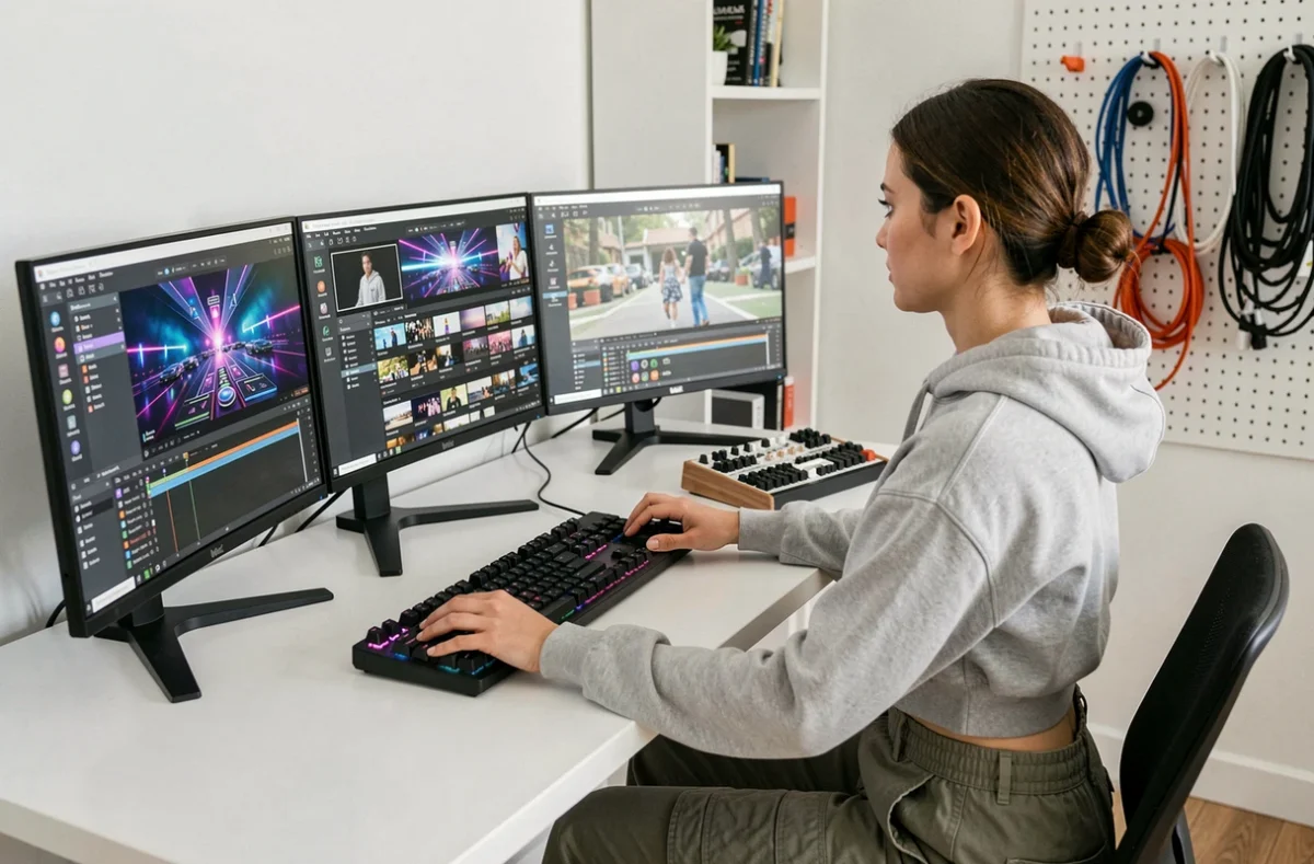 VJ féminine travaillant sur un logiciel de mixage vidéo avec plusieurs écrans dans un studio maison moderne