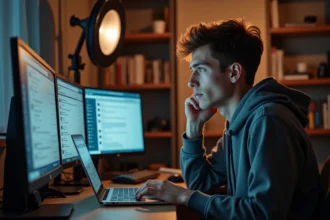 Youtubeur face aux critiques sur les réseaux sociaux dans son studio de création